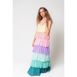 Pitusa Rainbow Tiered Maxi Dress in Pastel Rainbow Size Petite EUC